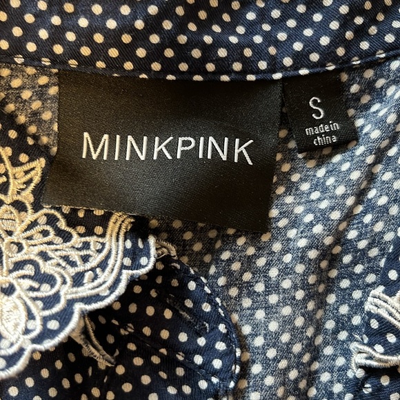 MINKPINK polka dot white and blue blouse with embroidered flowers on collar - Picture 2 of 4